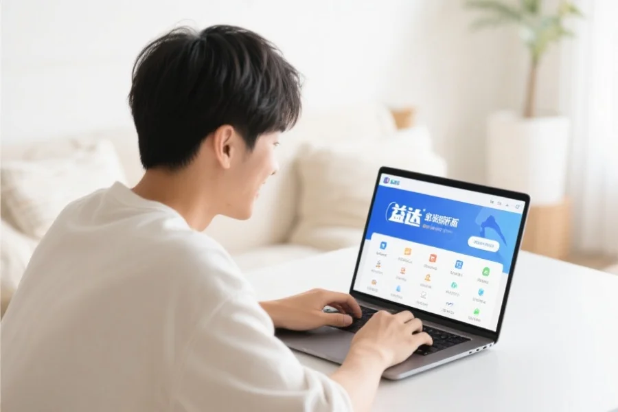 一位年轻用户在明亮舒适的室内环境中愉快地使用笔记本电脑，屏幕上展示天富客户端新版界面